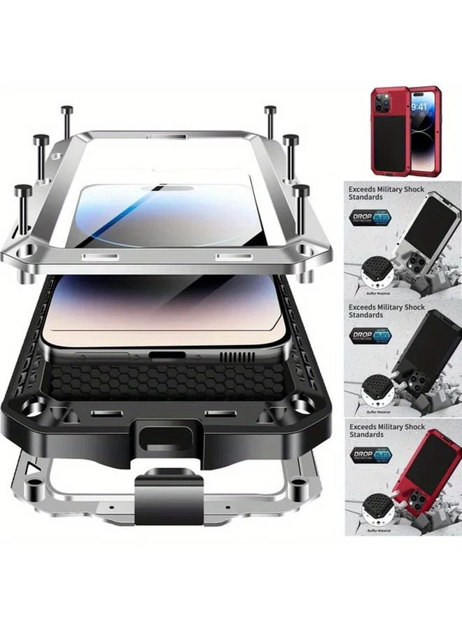 Heavy Duty Aluminum Metal Case For iPhone 15 Black With Glass Screen Protector - Image 1